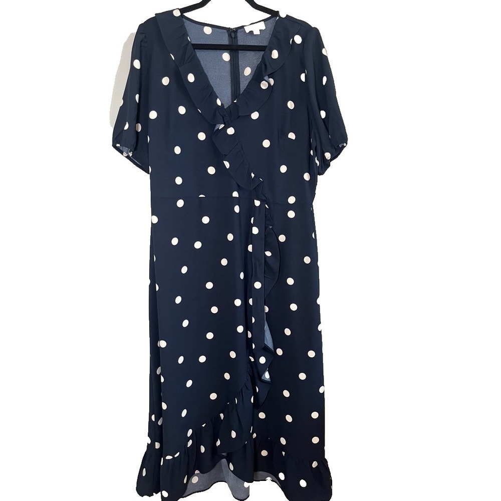 Neutral Polka Dot Ruffle Long Dress 14 Blue Retro Mod Classic‎ Preppy Nautical